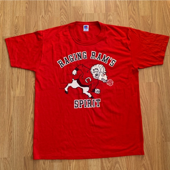 Raging Ram’s Spirit T-shirt Large Russell Athletic Red 80’s Vtg Single Stitch - Picture 1 of 8